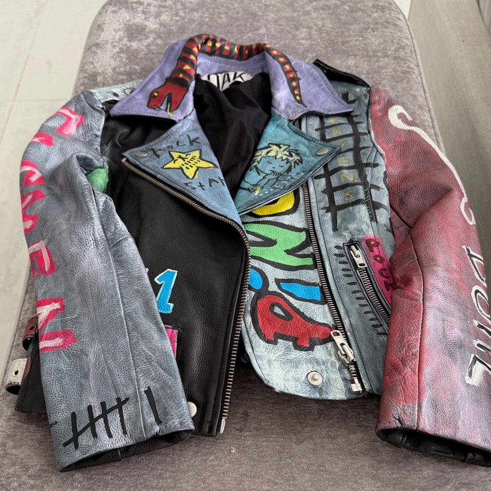 Hand painted Colorful Graffiti Leather Jacket size XS